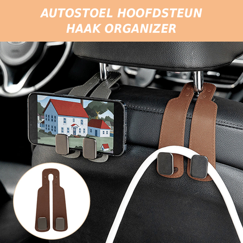 Duurzame opberghaak voor de hoofdsteun van de autostoel